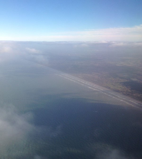 photo of the Netherlands coastline, from an airplane window