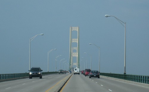 view of the Mackinac Bridge while driving over it