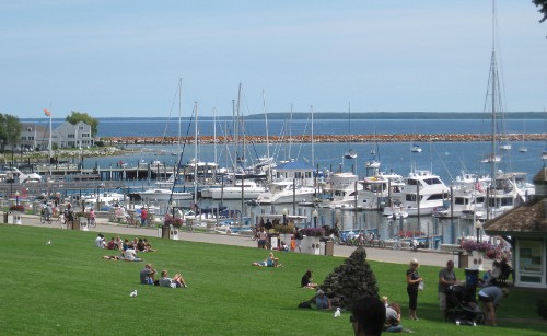 view of the Mackinac Island harbor from the island