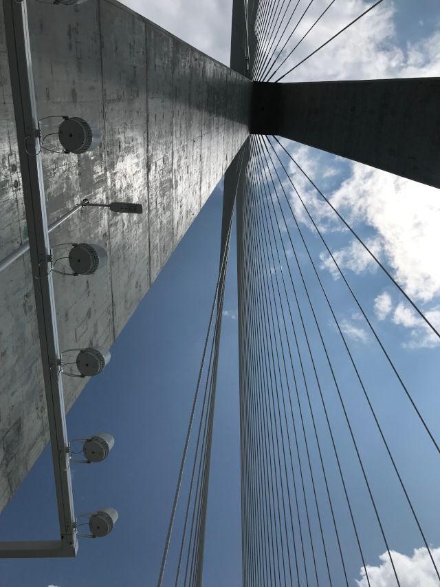 image of the underside of a tower of the Gordie Howe Bridge pathway