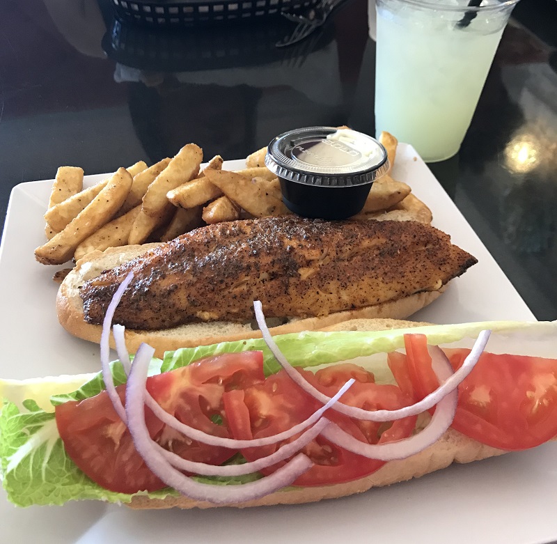 image of a fish sandwich at The Diving Pelican Restaurant in Everglades City FL