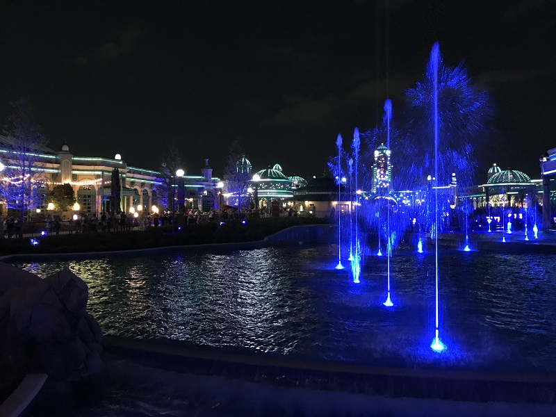 image of the fountain light show at Universal Studios Epic Universe at night