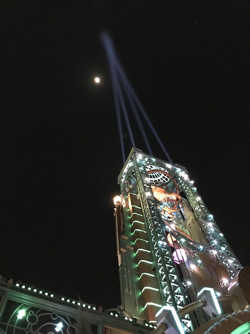 image of the searchlights at Universal Studios Epic Universe at night