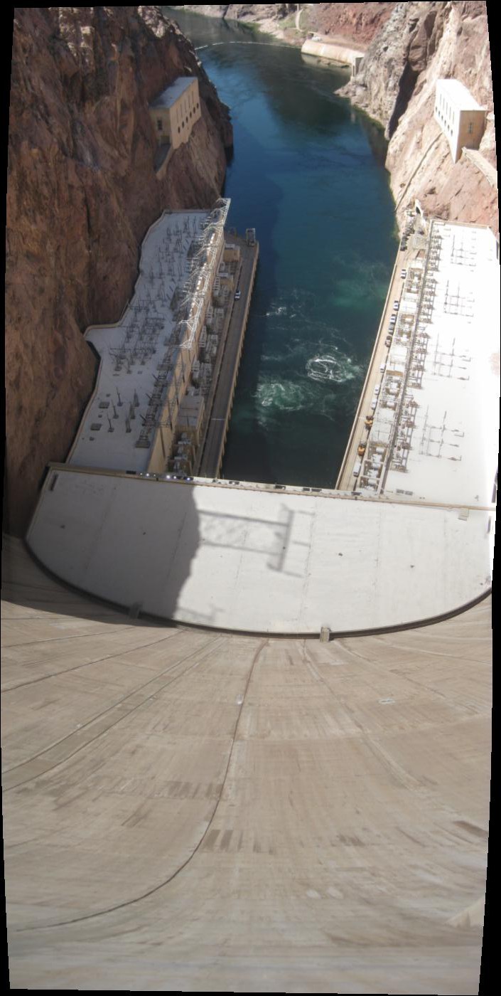 panoramic photo of the Hoover Dam, looking down from the middle of the dam itself
