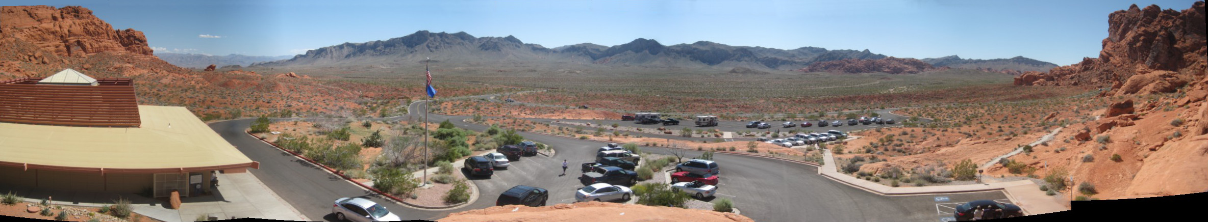 panoramic photo of the Valley of Fire, taken from the climbing rock next to the visitor's center